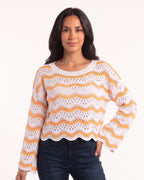 White crochet sweater with orange wavy striped open knit and long bell sleeves