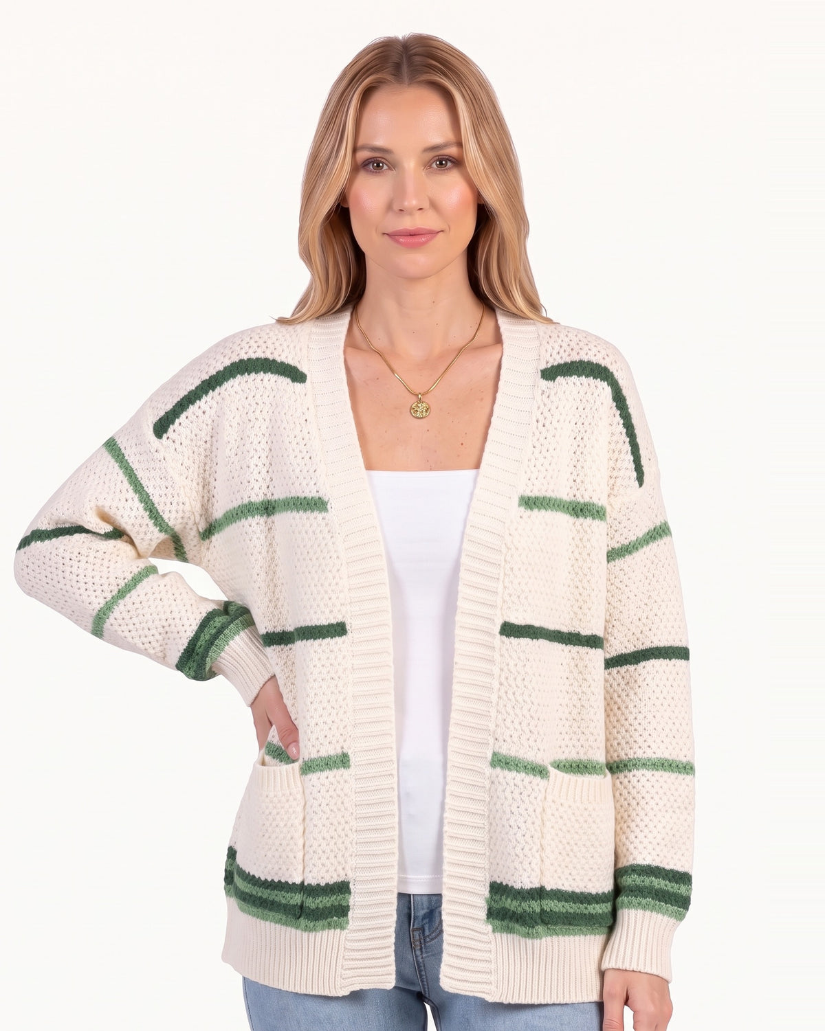 Women’s striped knit cardigan, open front, patch pockets, long sleeves, cream with green stripes