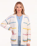 Women’s striped knit cardigan with open front and patch pockets, cream with blue yellow and rainbow stripes