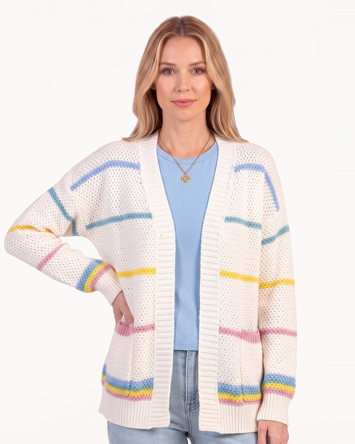 Women’s striped knit cardigan with open front and patch pockets, cream with blue yellow and rainbow stripes