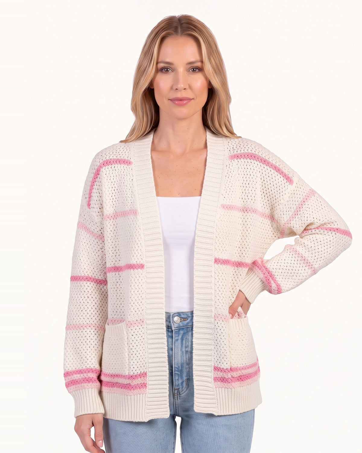 Women’s striped knit cardigan with open front and patch pockets, cream with pink striped bands