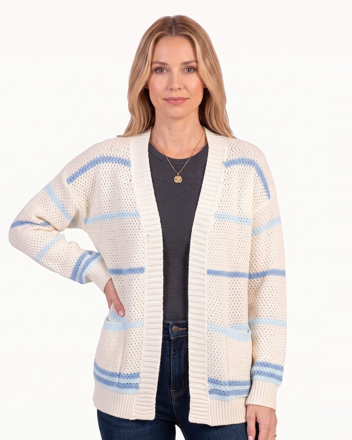 Women’s striped knit cardigan, open front, patch pockets, long sleeves, cream with blue stripes
