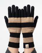 Striped knit gloves with long ribbed cuffs, black with beige and tan stripes