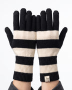 Striped knit gloves with long ribbed cuffs, black and white with light cream stripes