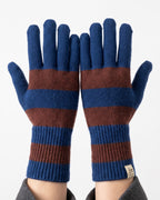 Striped knit gloves with long ribbed cuffs, blue and brown stripes