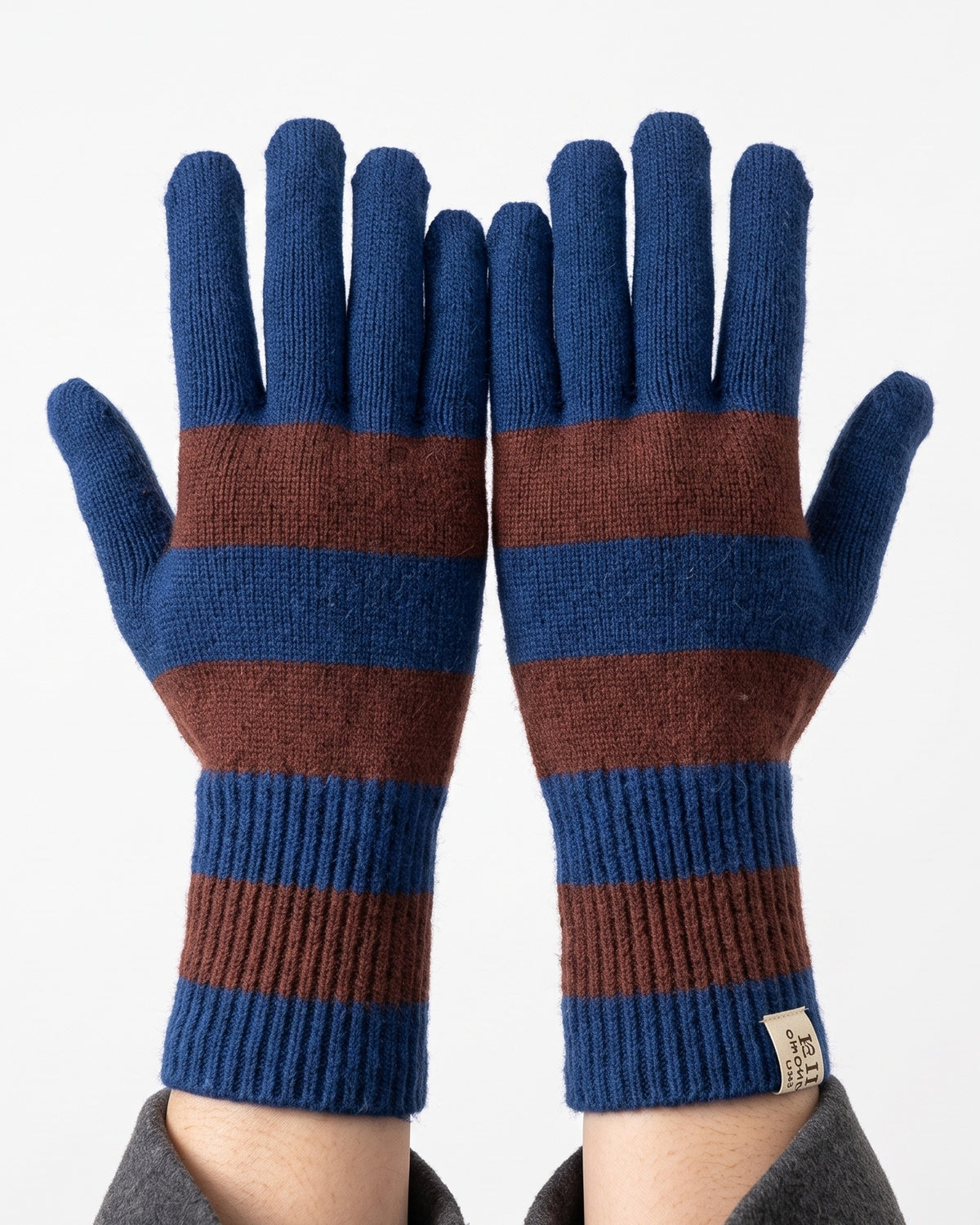 Striped knit gloves with long ribbed cuffs, blue and brown stripes