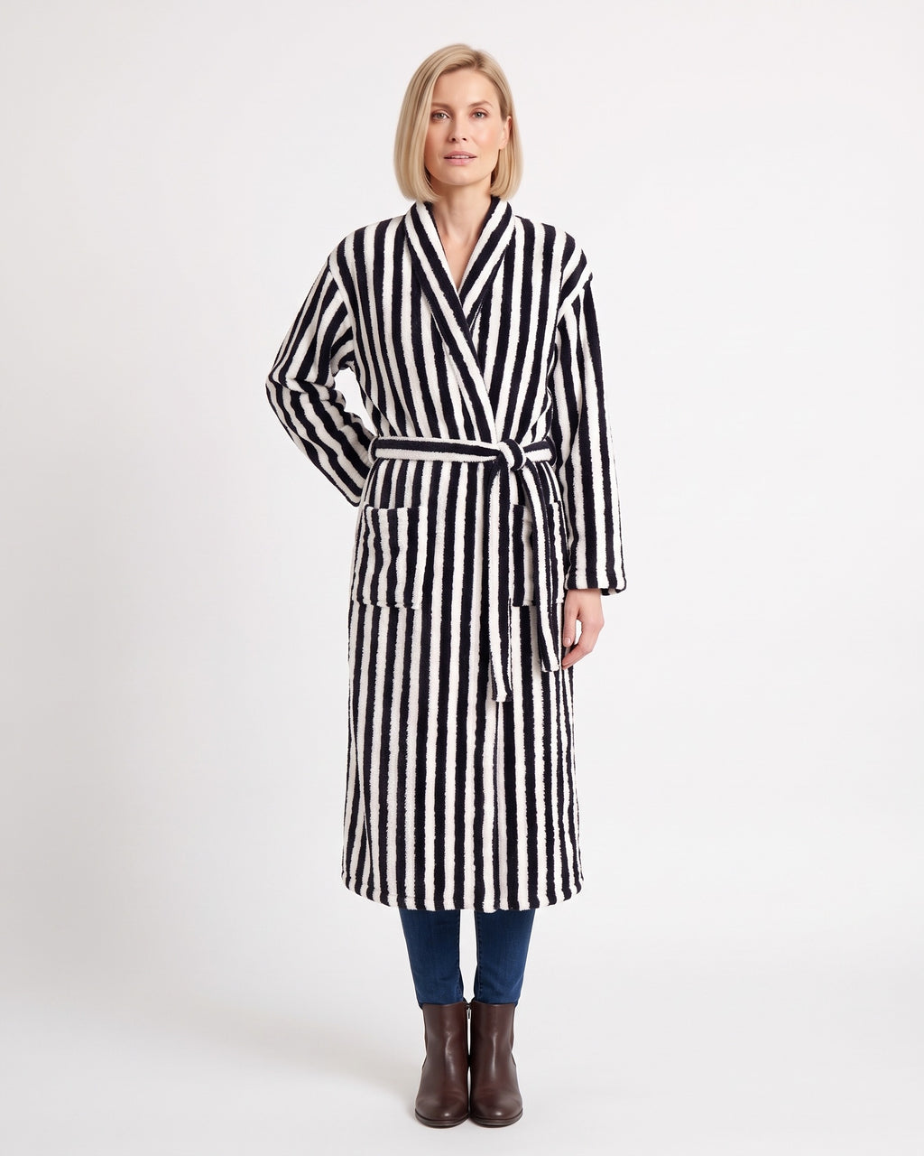 Women’s striped plush robe with shawl collar, tie belt, and pockets; black & white
