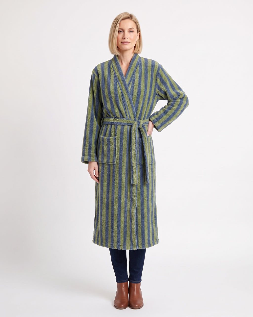 Women’s striped plush robe with shawl collar, tie belt, and pockets; blue & green