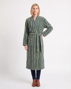 Women’s striped plush robe with shawl collar, tie belt, and pockets; blue & green
