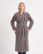 Women’s striped plush robe with shawl collar, tie belt, and pockets; brown & gray