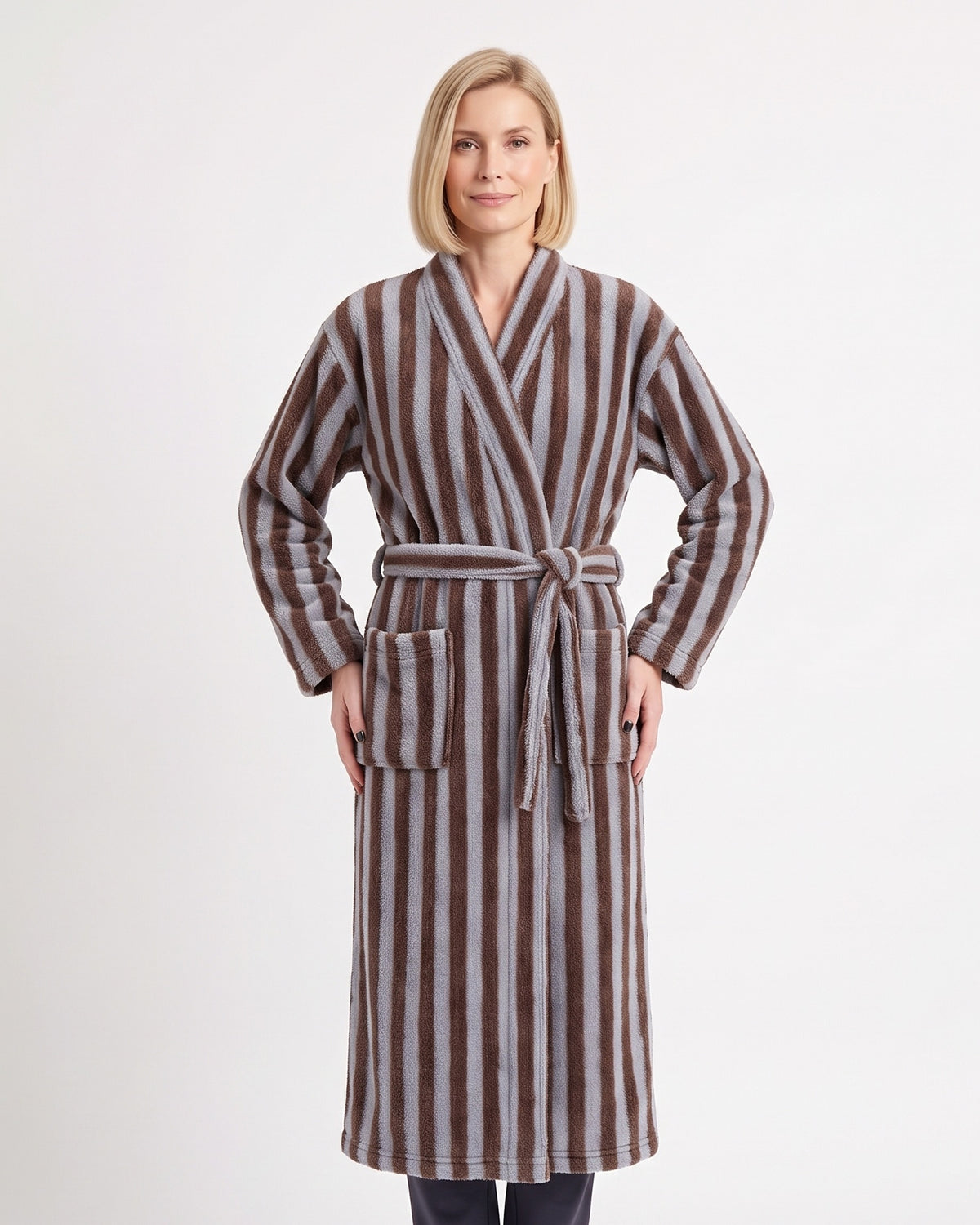 Women’s striped plush robe with shawl collar, tie belt, and pockets; brown & gray