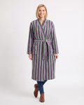 Women’s striped plush fleece bathrobe with shawl collar and tie belt, purple & green stripes