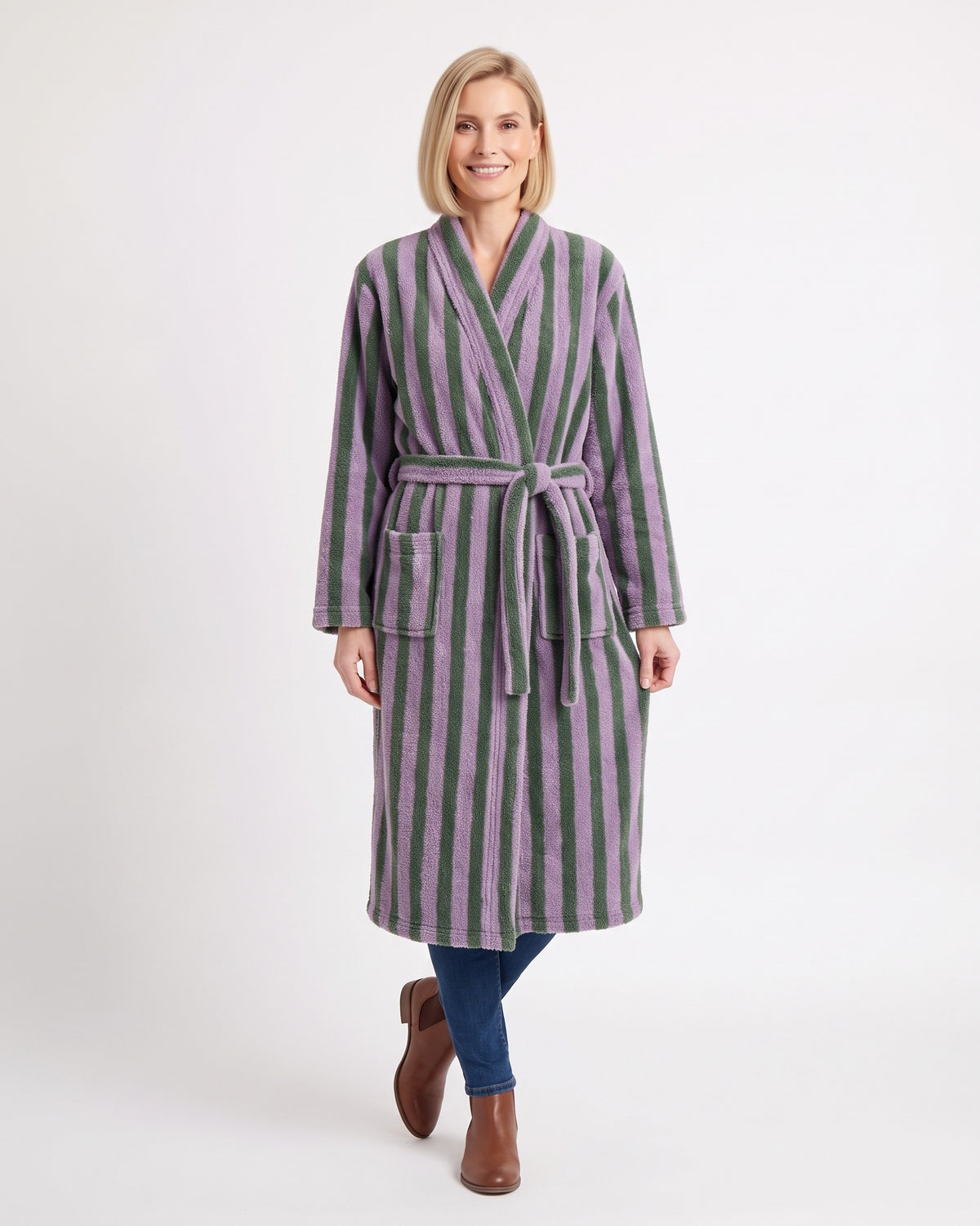 Women’s striped plush fleece bathrobe with shawl collar and tie belt, purple & green stripes