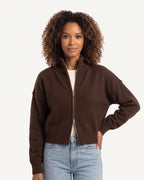 Cropped zip sweater jacket with stand collar, dark brown color