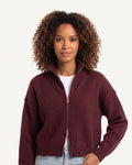 Cropped zip sweater jacket with stand collar, deep burgundy color