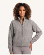 Cropped zip sweater jacket with stand collar, medium heather gray color