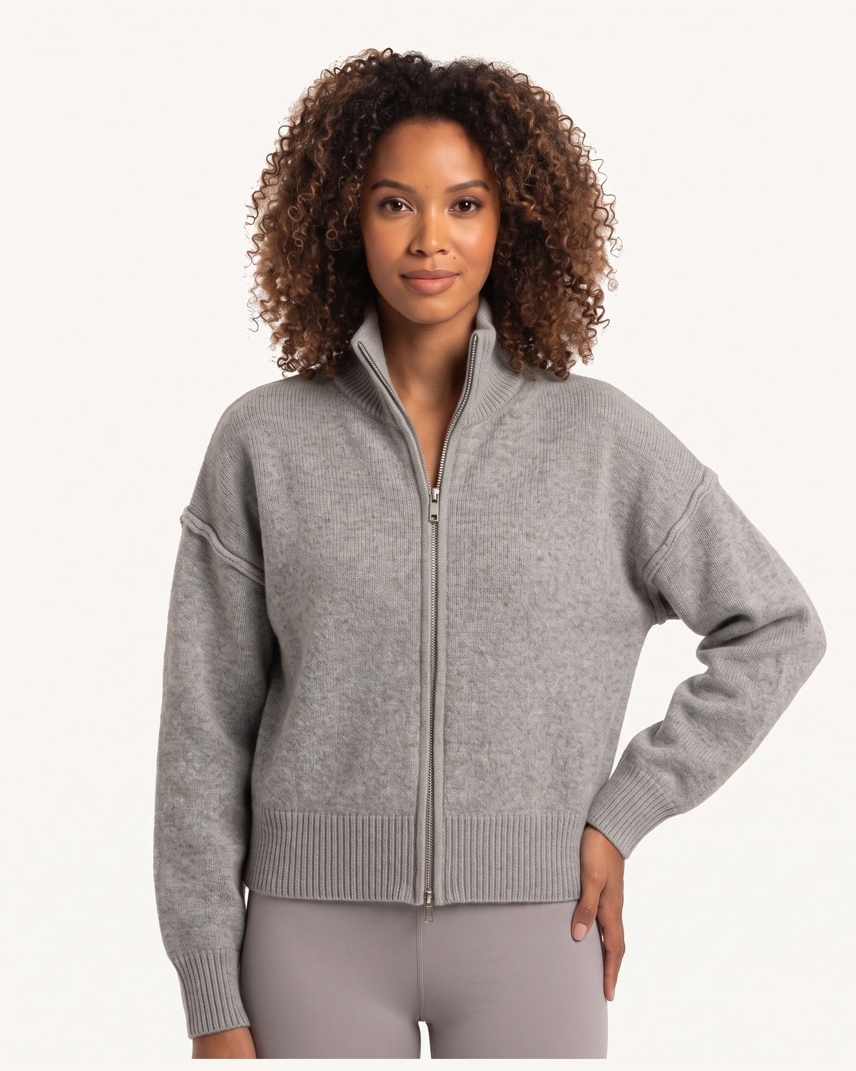 Cropped zip sweater jacket with stand collar, medium heather gray color