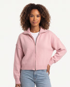 Cropped zip sweater jacket with stand collar, blush pink color