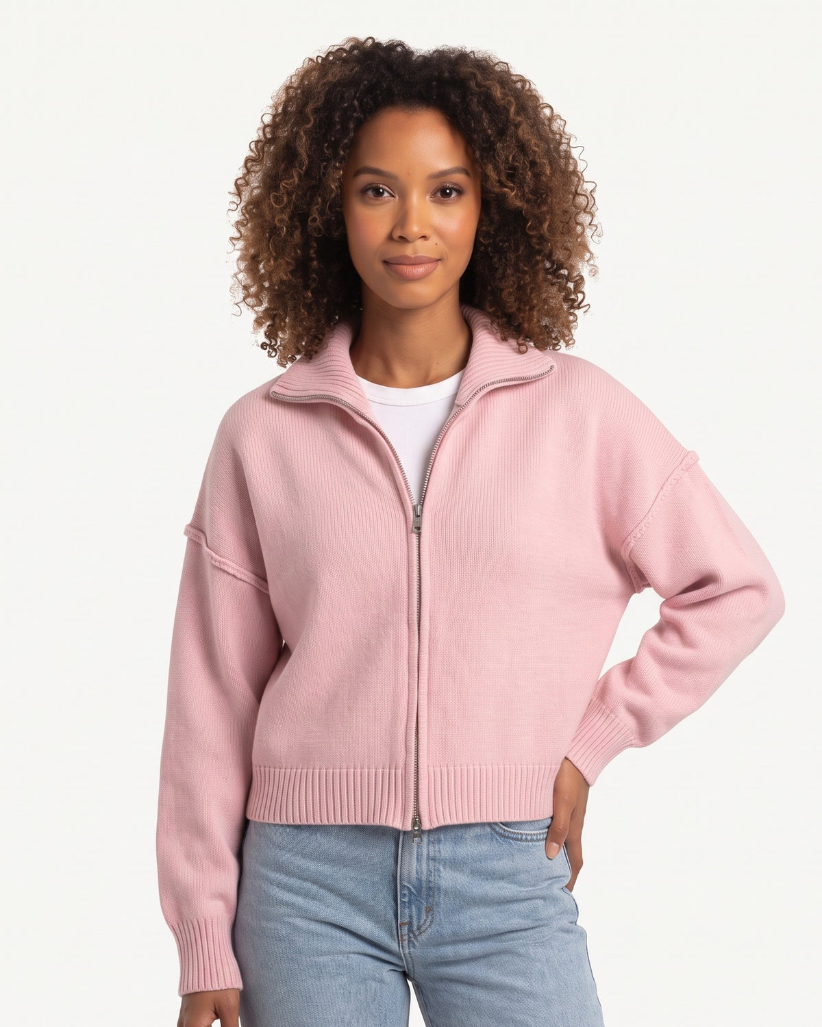 Cropped zip sweater jacket with stand collar, blush pink color