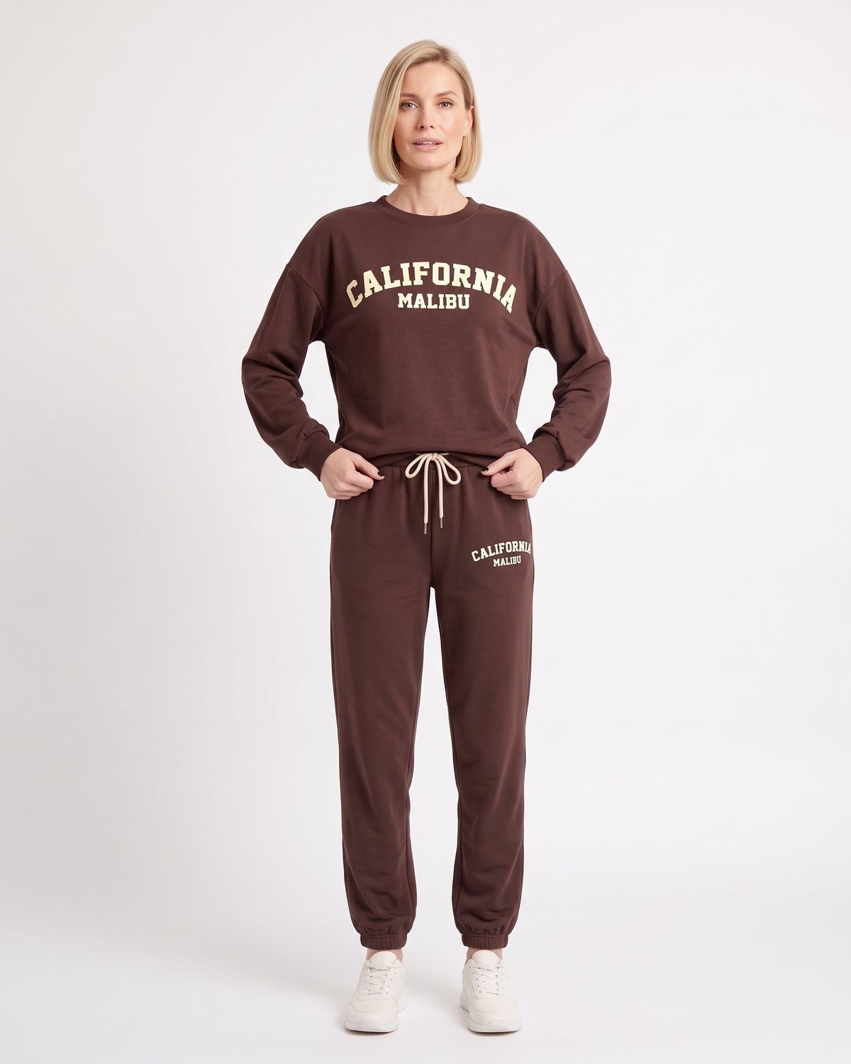 Brown women's sweatsuit set with California graphic crewneck sweatshirt and jogger pants