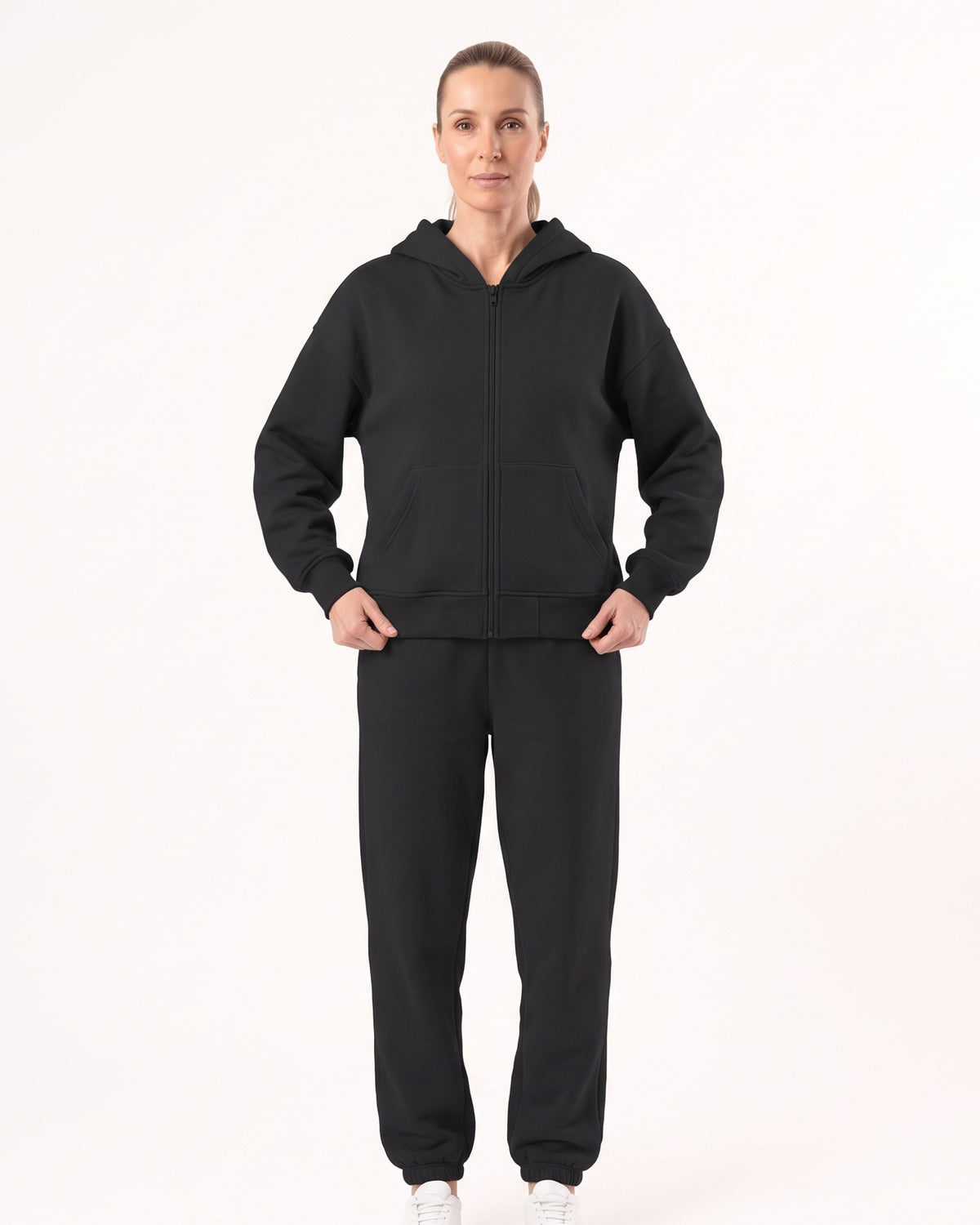 Women's sweatsuit set: black zip hoodie and drawstring jogger pants
