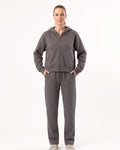 Dark gray zip-front hoodie and drawstring sweatpants set, full length