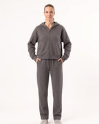 Dark gray zip-front hoodie and drawstring sweatpants set, full length