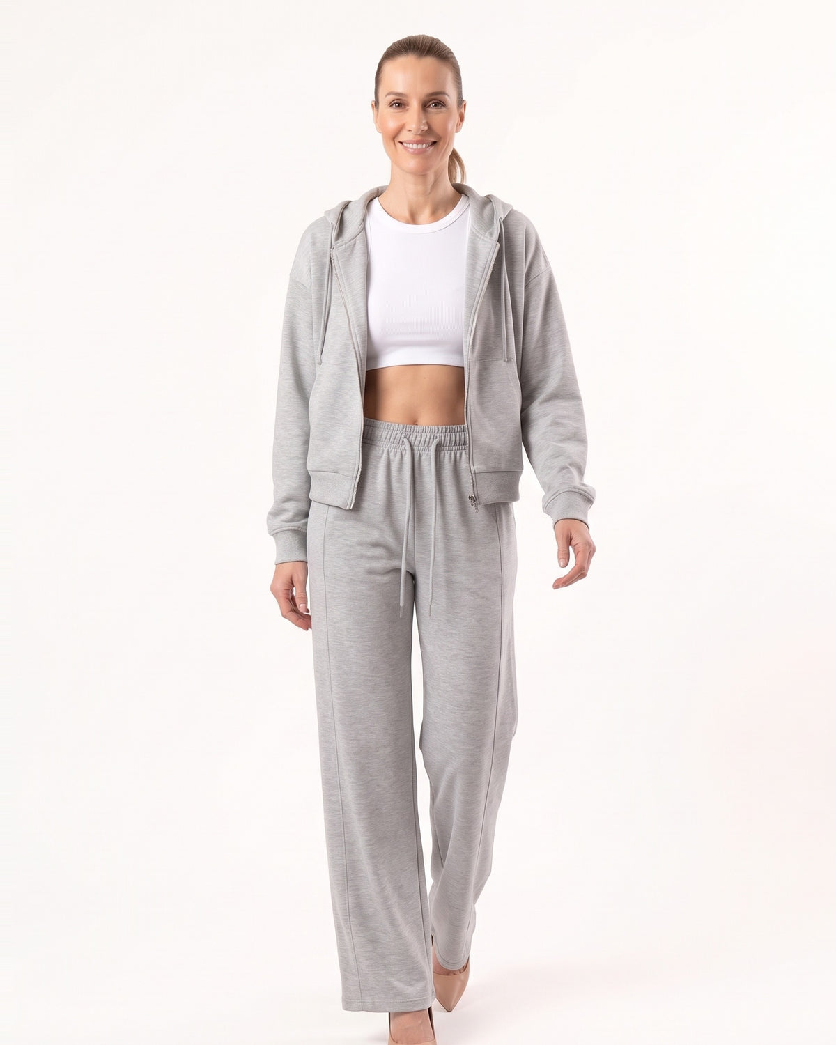 Women's zip-up hoodie and drawstring sweatpants set, heather gray