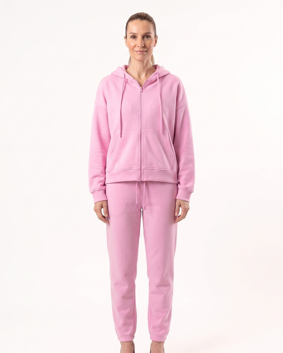Womens pink zip-up hoodie and drawstring sweatpants set, front view