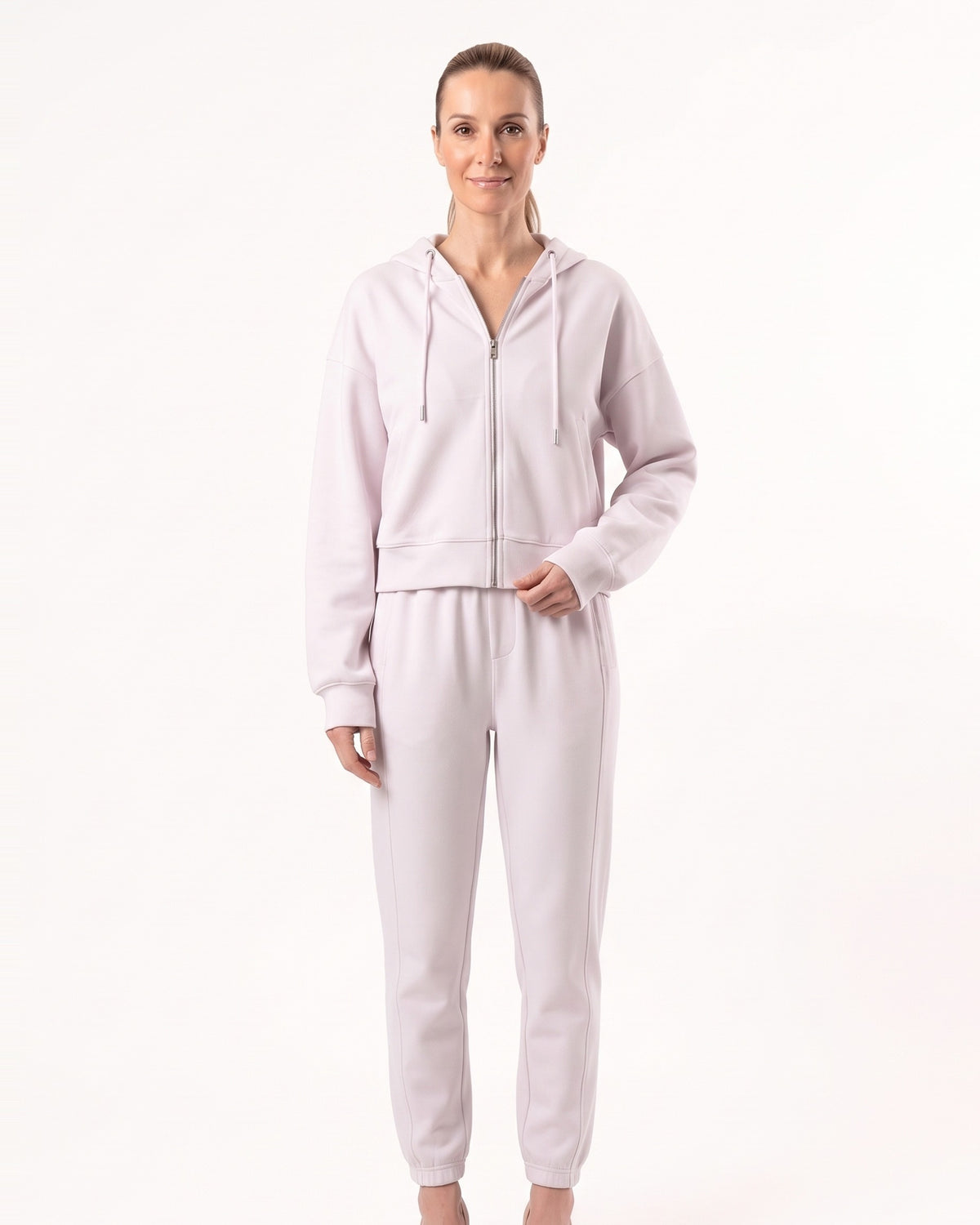 Women's zip-up hoodie and drawstring sweatpants set, light pink