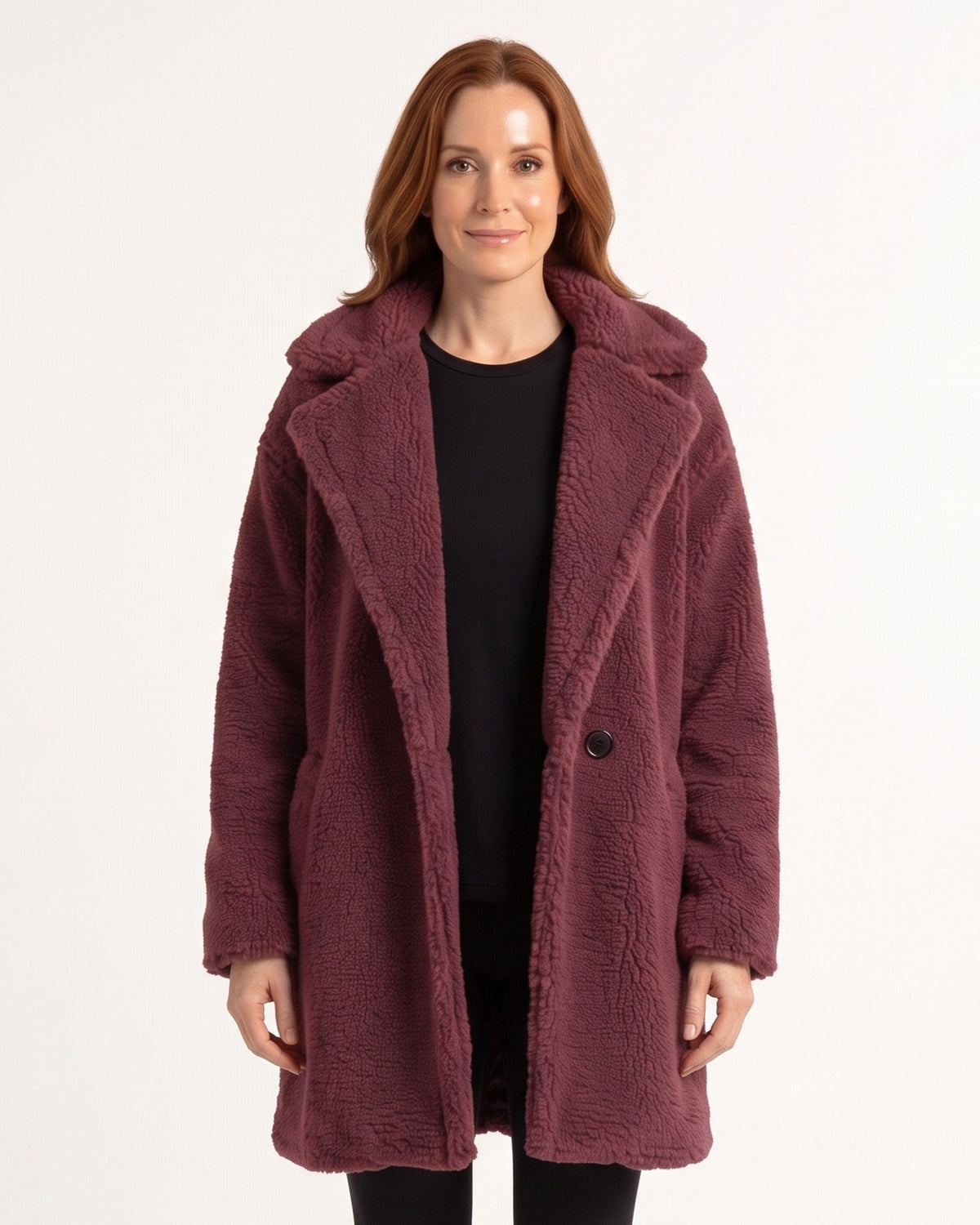 Women's burgundy oversized lapel teddy coat, sherpa fleece with button front
