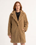 Women's khaki oversized lapel teddy coat, sherpa fleece with button front