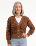 Women's textured tassel cardigan, brown V-neck knit with gold button front