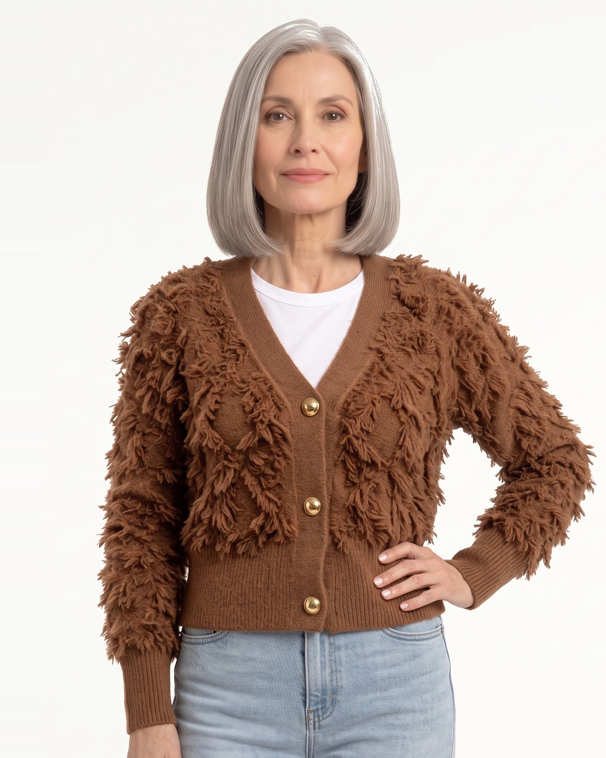 Women's textured tassel cardigan, brown V-neck knit with gold button front