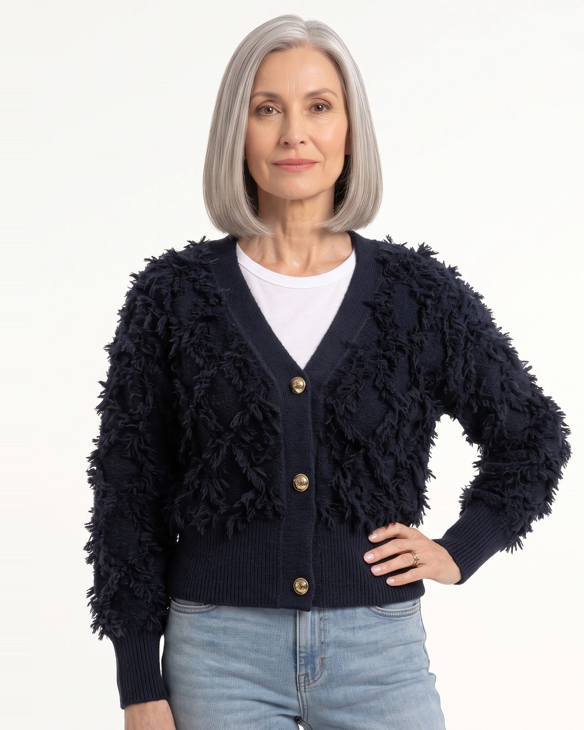 Women's textured tassel cardigan, navy V-neck knit with gold button front