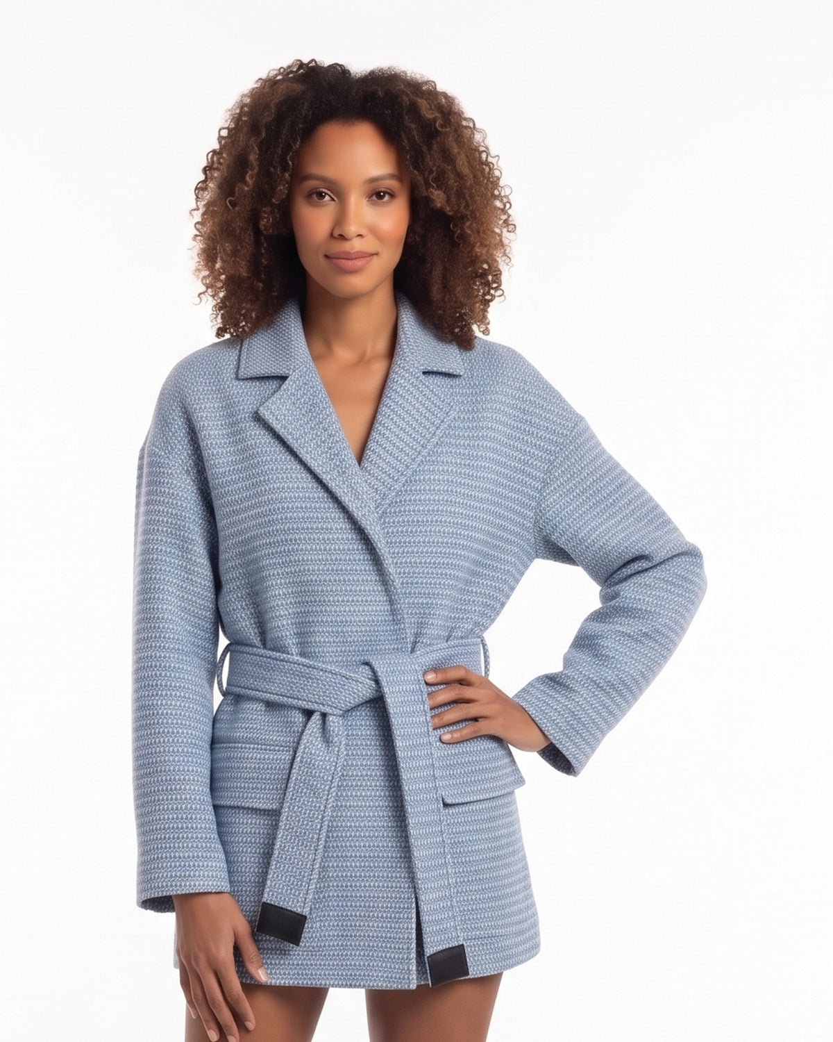 Blue tweed wrap coat with belt, notch lapel, and patch pockets