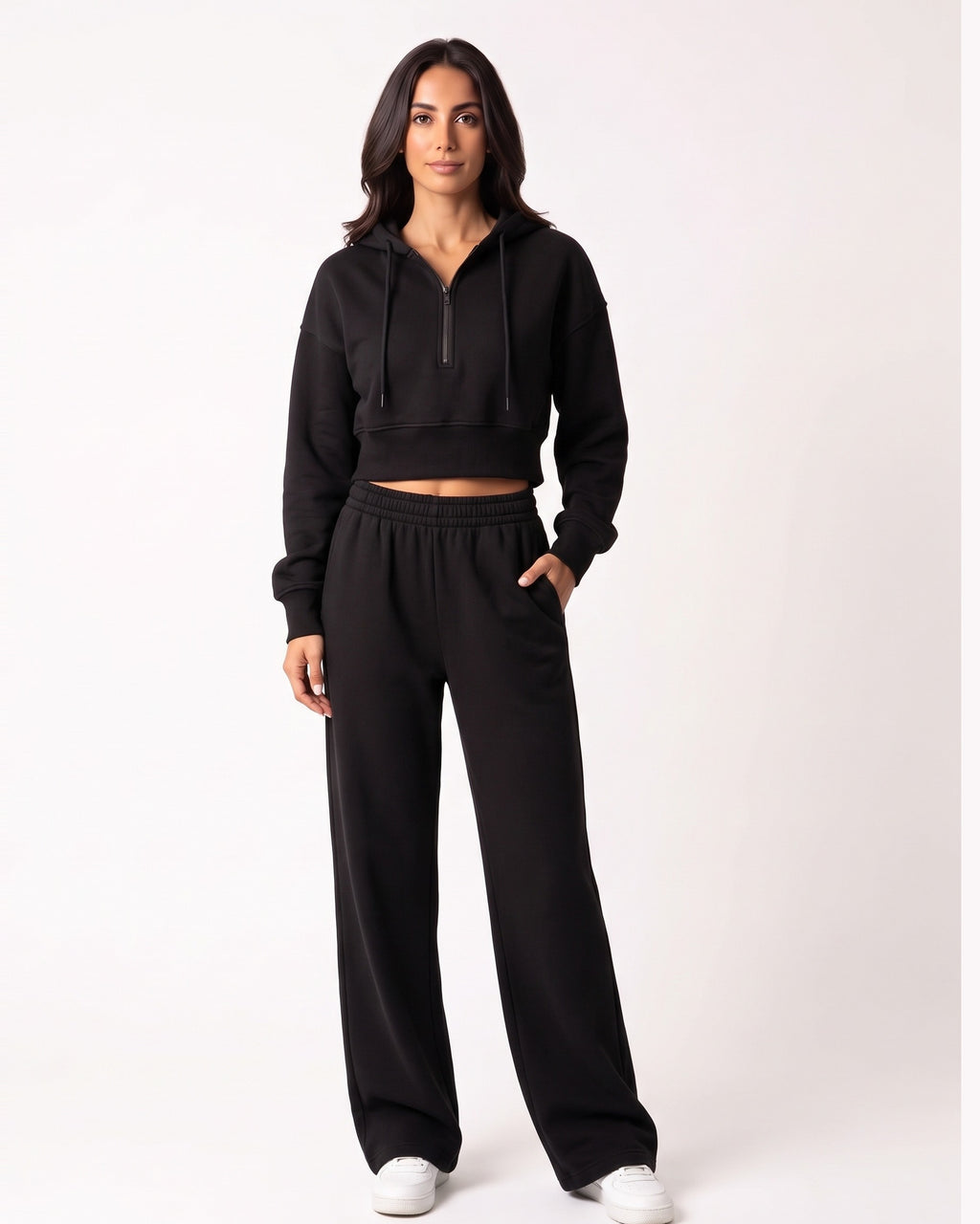 Black cropped half-zip hoodie and wide-leg sweatpants set for women