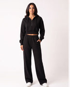 Black cropped half-zip hoodie and wide-leg sweatpants set for women