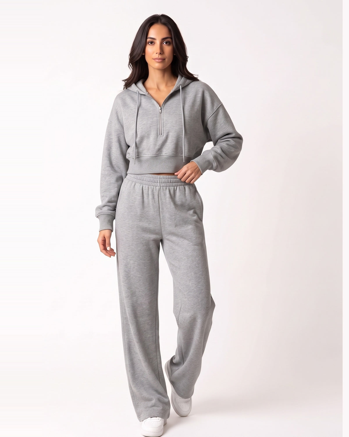 Light gray cropped half-zip hoodie and wide-leg sweatpants set for women