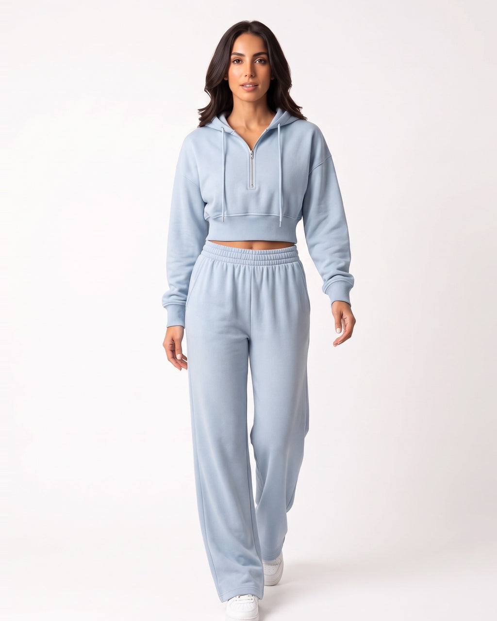 Sky blue cropped half-zip hoodie and wide-leg sweatpants set for women