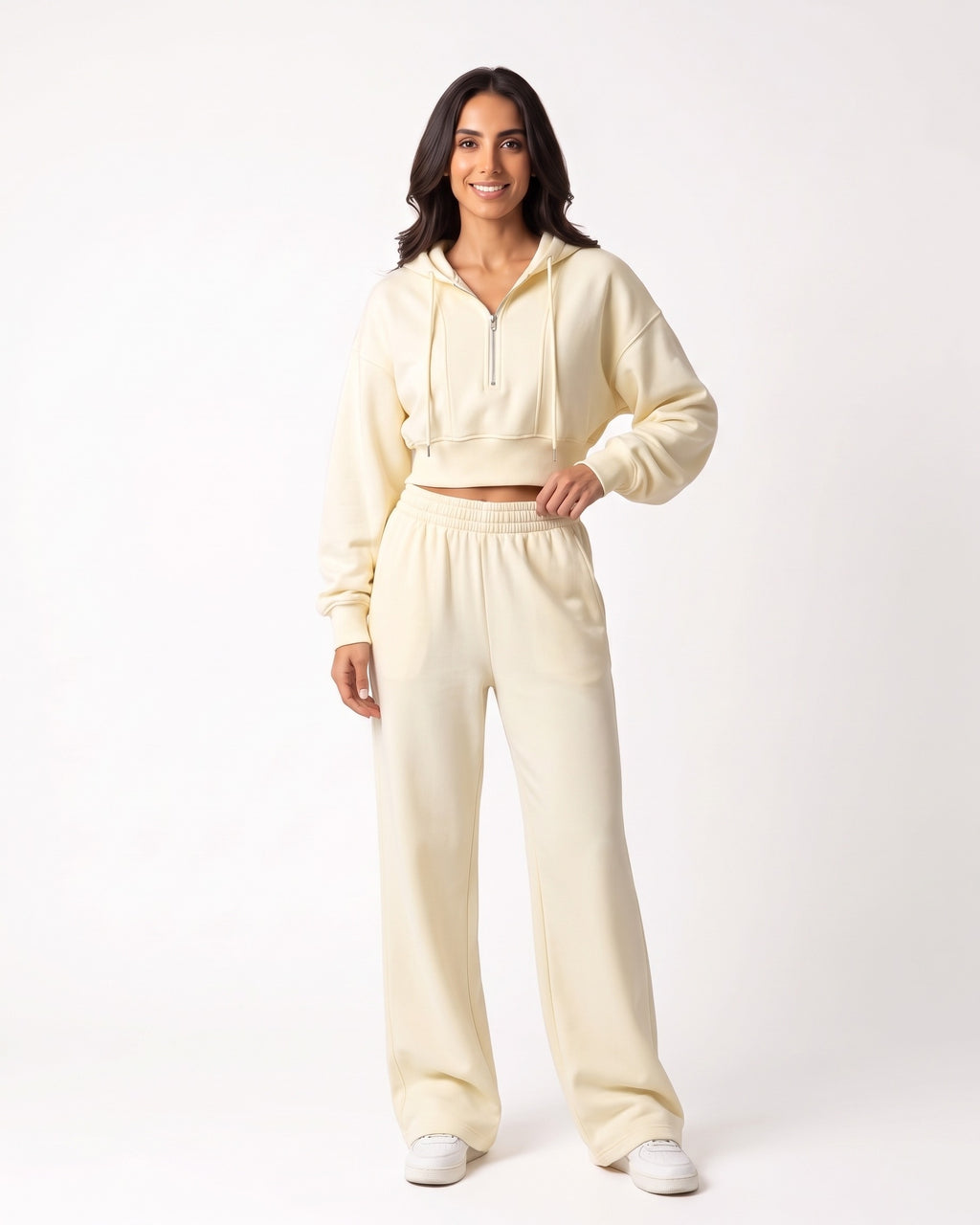 Light yellow cropped half-zip hoodie and wide-leg sweatpants set, cotton fleece