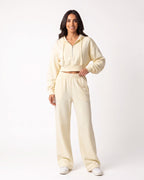 Light yellow cropped half-zip hoodie and wide-leg sweatpants set, cotton fleece