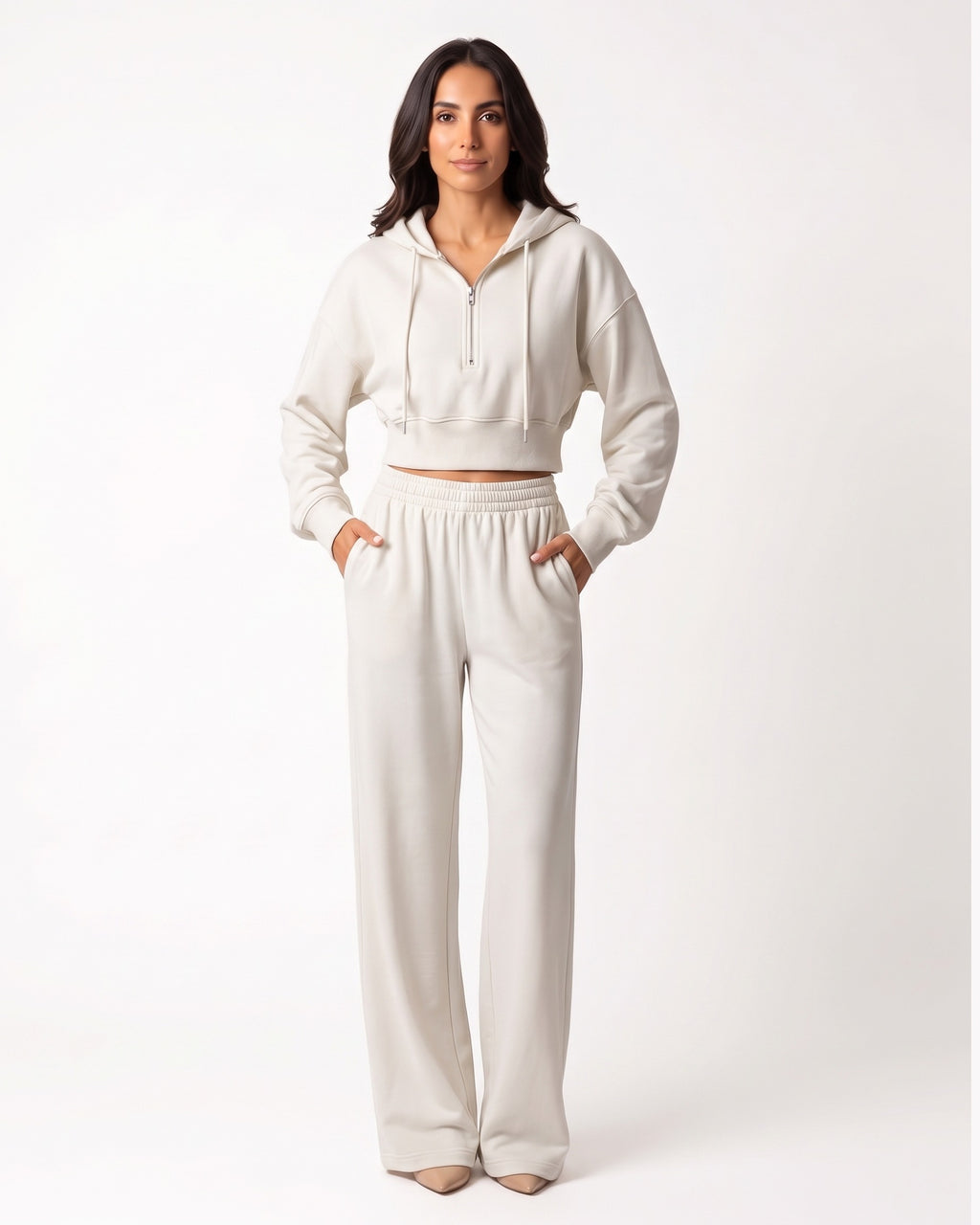 Ivory cropped half-zip hoodie and wide-leg sweatpants set for women