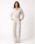 Ivory cropped half-zip hoodie and wide-leg sweatpants set for women
