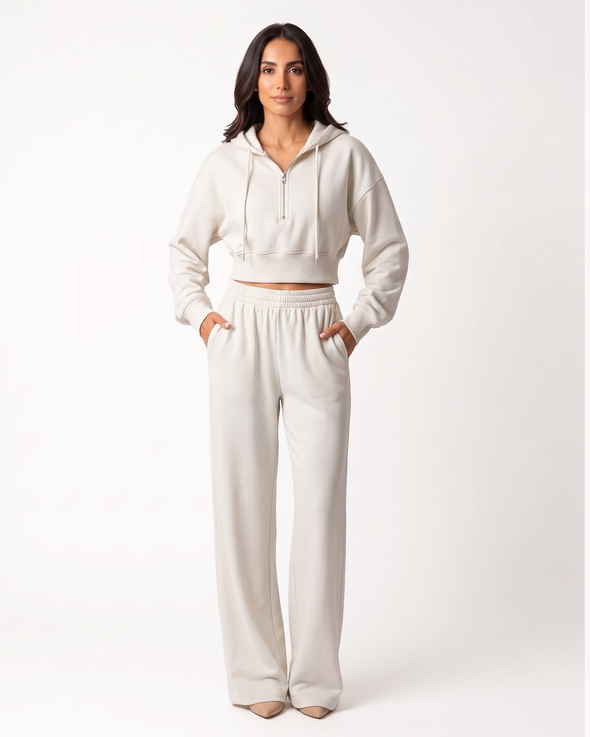 Ivory cropped half-zip hoodie and wide-leg sweatpants set for women