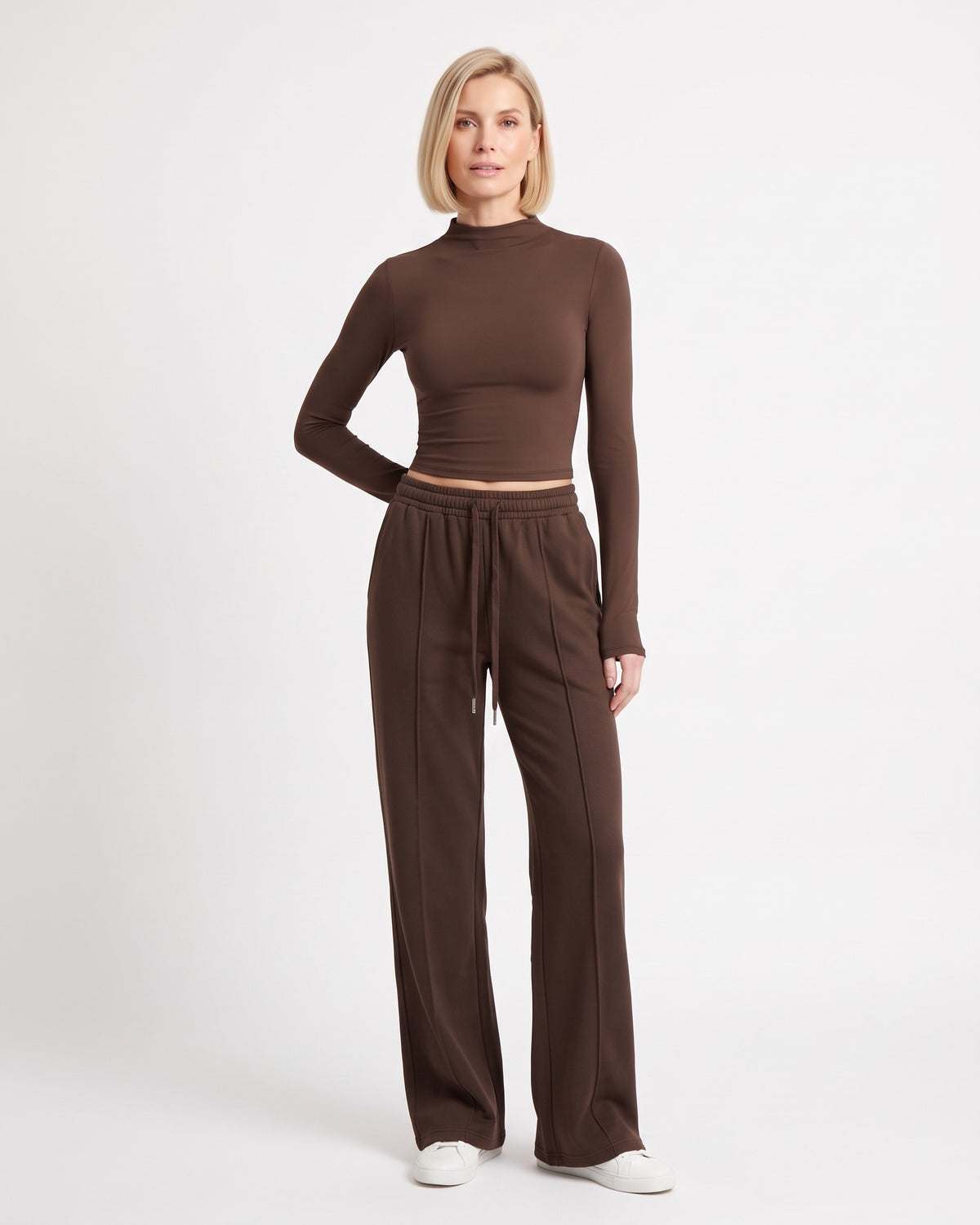 Women's brown mock-neck crop top and wide-leg sweatpants set, drawstring waist