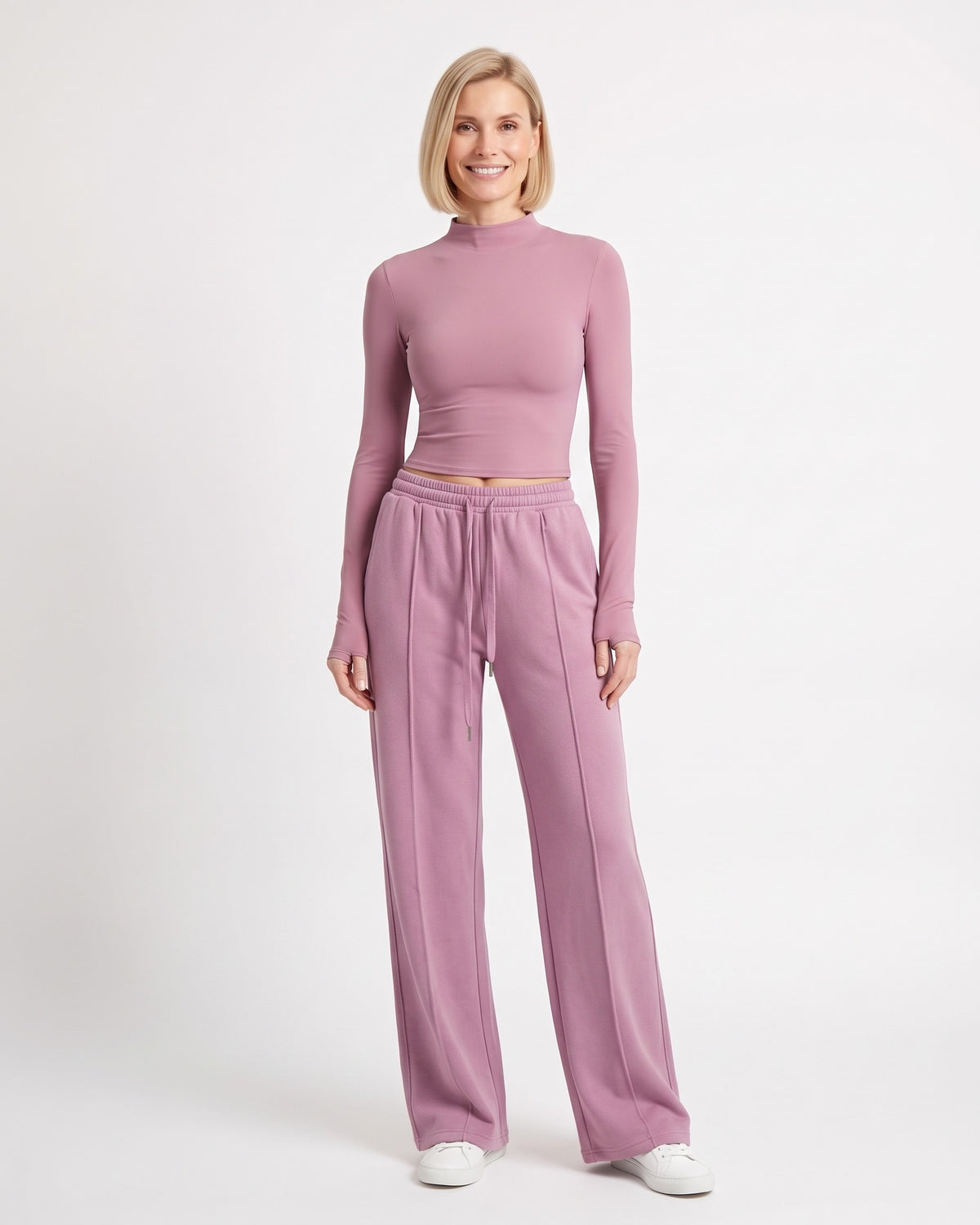 Women's mauve mock-neck crop top and wide-leg sweatpants set, drawstring waist