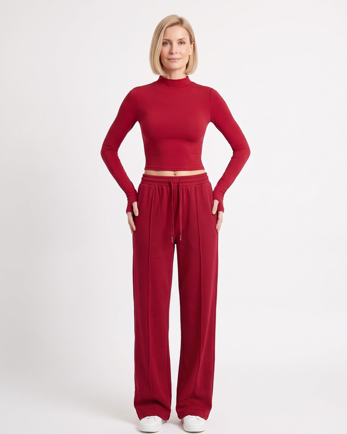 Women's red mock-neck crop top and wide-leg sweatpants set, drawstring waist