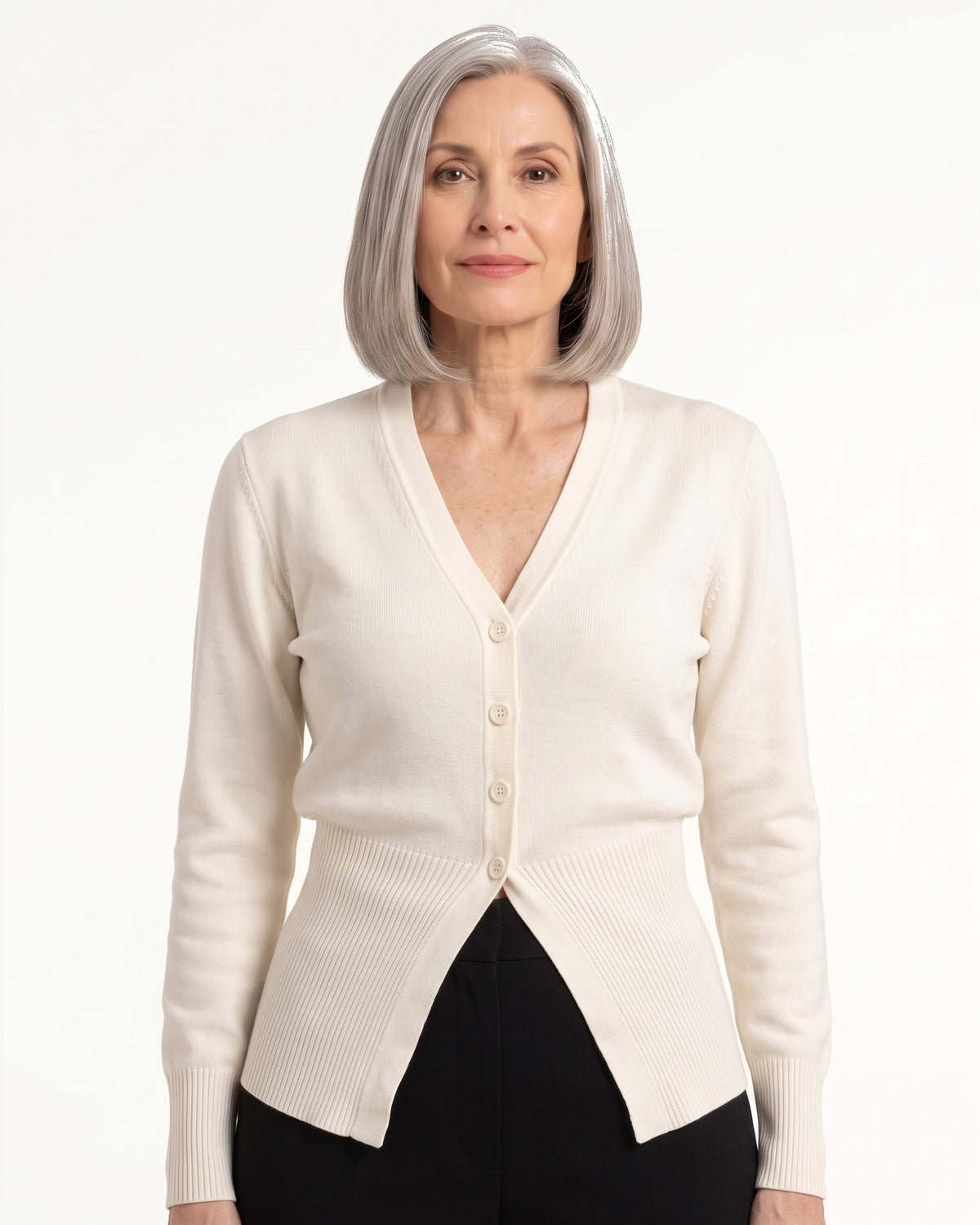 Off-white V-neck button-front knit cardigan with asymmetric split hem