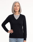 Black V-neck fine-knit sweater with raglan long sleeves and ribbed hem